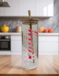 Personalized glass tumbler with wooden cover